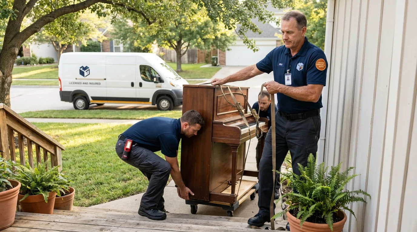 Licensed piano movers securing grand piano in Decatur, IL