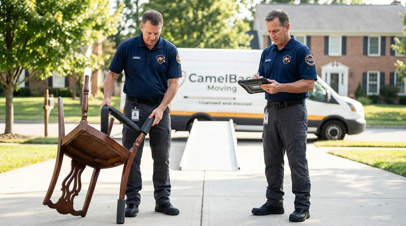 Movers inspecting furniture for damage prevention before loading in Decatur, IL