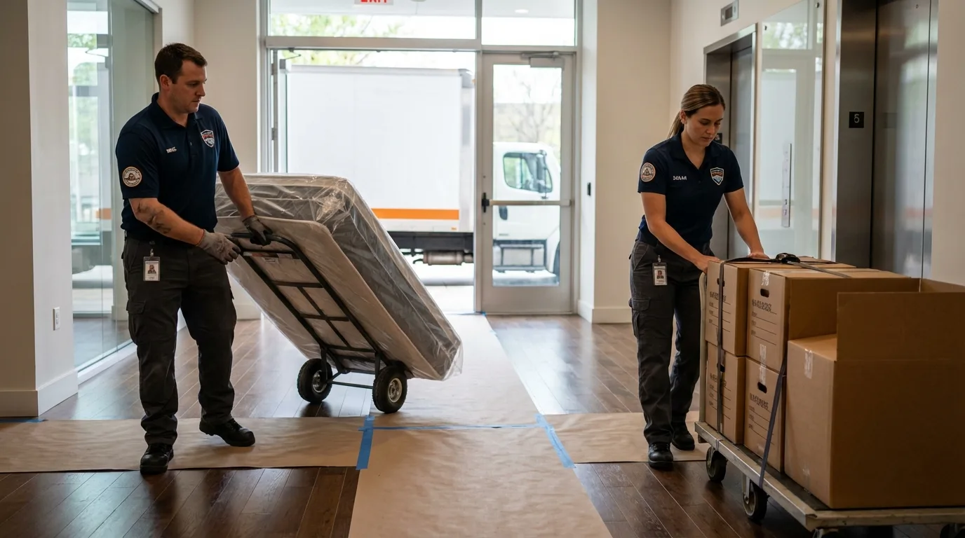 Professional apartment movers loading elevator in Decatur, IL